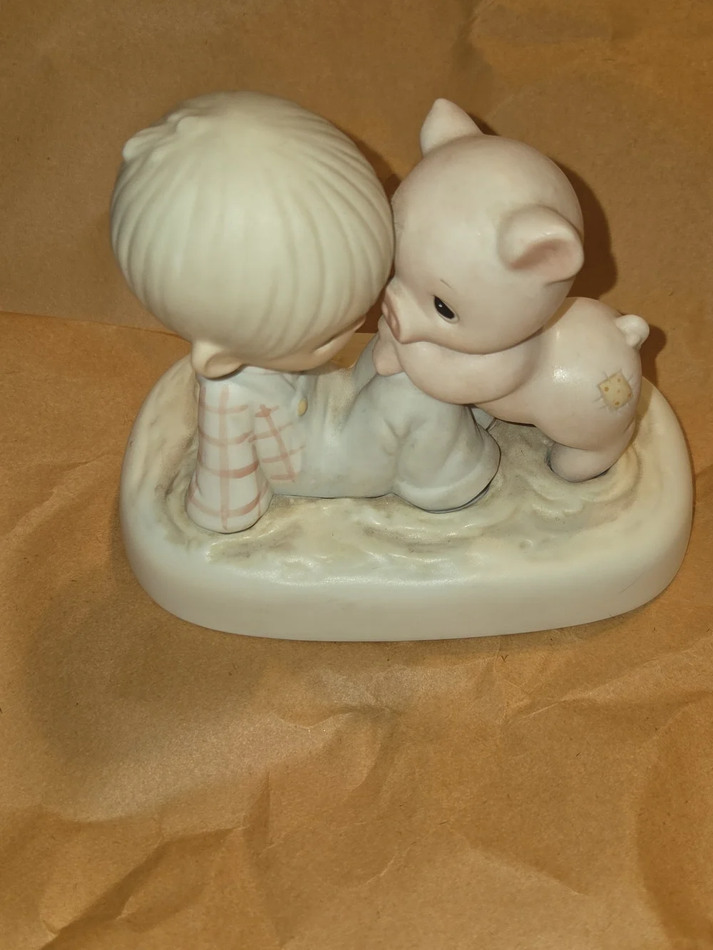 VTG Precious Moments Porcelain Boy and Pig Figurine - Cream and Pink